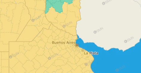 alt="Mapa oficial con la zona de la alerta amarilla por frío en Entre Ríos destacada en amarillo"