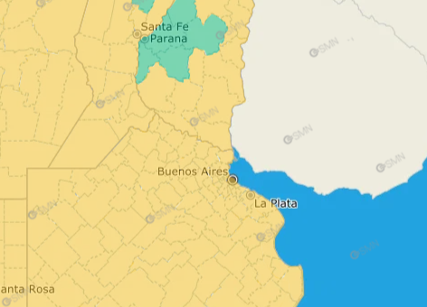 alt="Mapa oficial con la zona de la alerta amarilla por frío en Entre Ríos destacada en amarillo"