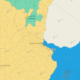 alt="Mapa oficial con la zona de la alerta amarilla por frío en Entre Ríos destacada en amarillo"