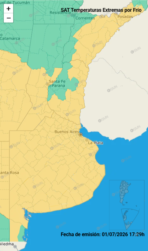 alt="Mapa oficial con la zona de la alerta amarilla por frío en Entre Ríos destacada en amarillo"