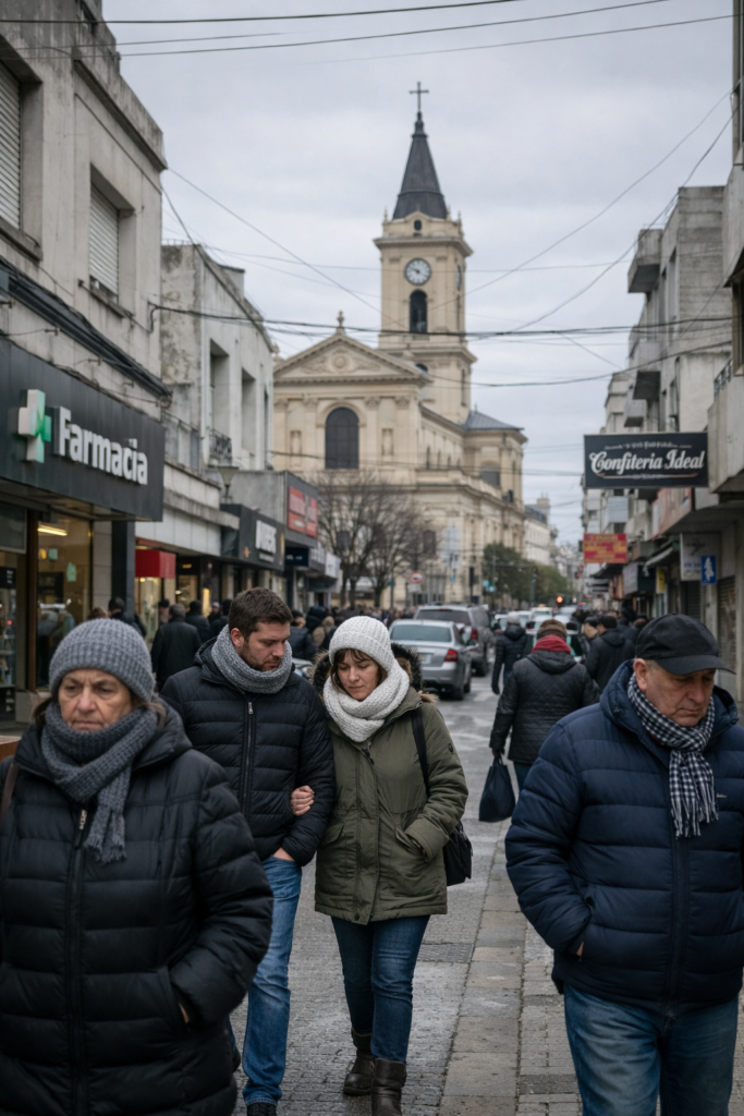 alt="Transeúntes abrigados en la calle durante la alerta amarilla por frío en Entre Ríos"