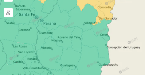 alt="Mapa meteorológico oficial con la zona de alerta por viento en Entre Ríos destacada en amarillo"