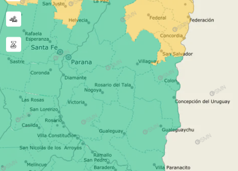 alt="Mapa meteorológico oficial con la zona de alerta por viento en Entre Ríos destacada en amarillo"