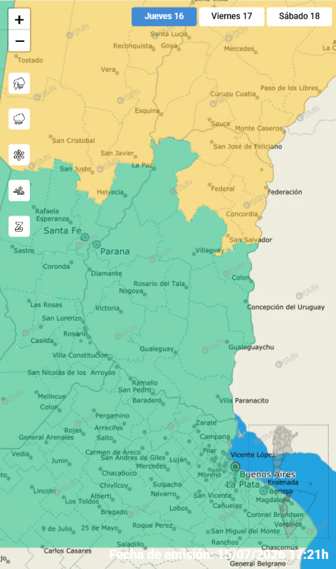 alt="Mapa meteorológico oficial con la zona de alerta por viento en Entre Ríos destacada en amarillo"