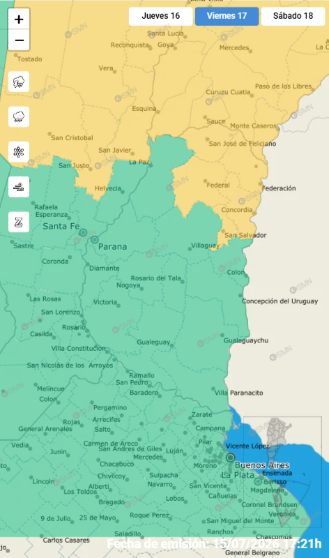 alt="mapa del Servicio Meteorológico Nacional con los departamentos afectodos por el alerta por viento en Entre Ríos para el viernes"