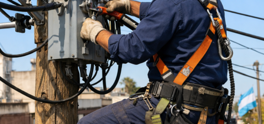alt="Técnico electricista trabajando en postes de baja tensión para el corte programado de energía en Concordia"