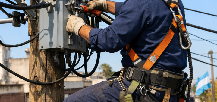 alt="Técnico electricista trabajando en postes de baja tensión para el corte programado de energía en Concordia"