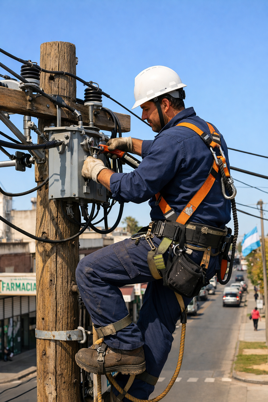 alt="Técnico electricista trabajando en postes de baja tensión para el corte programado de energía en Concordia"