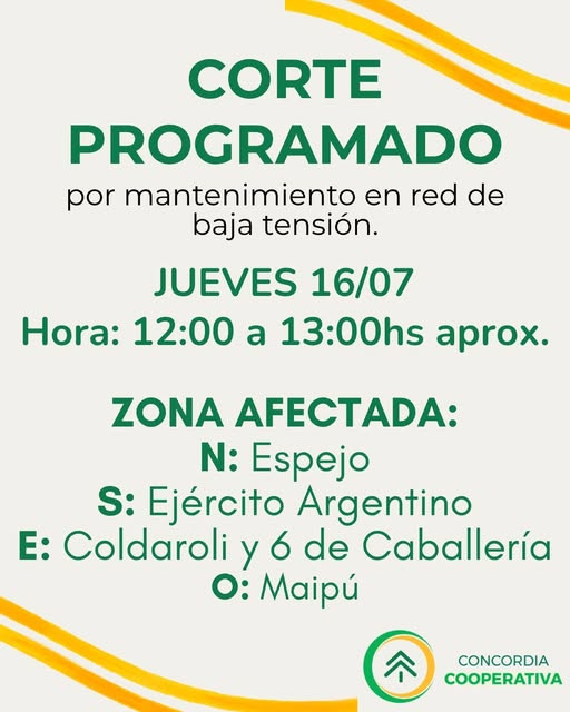 alt="Placa informativa de la Cooperativa Eléctrica sobre el corte programado de energía en Concordia este 16 de julio"
