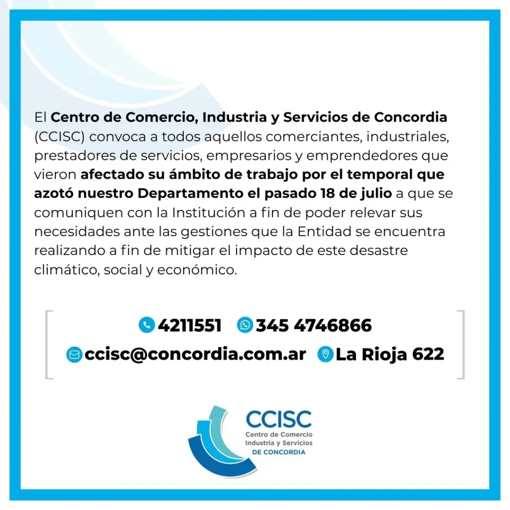 alt="Comunicado del Centro de Comercio, Industria y Servicios de Concordia sobre las consecuencias del fenómeno meteorológico para el sector comercial"