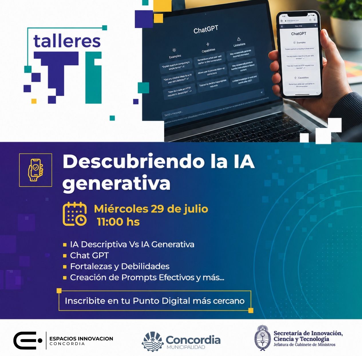 alt="Flyer informativo sobre el taller de IA generativa en Concordia organizado por la Municipalidad y Punto Digital"