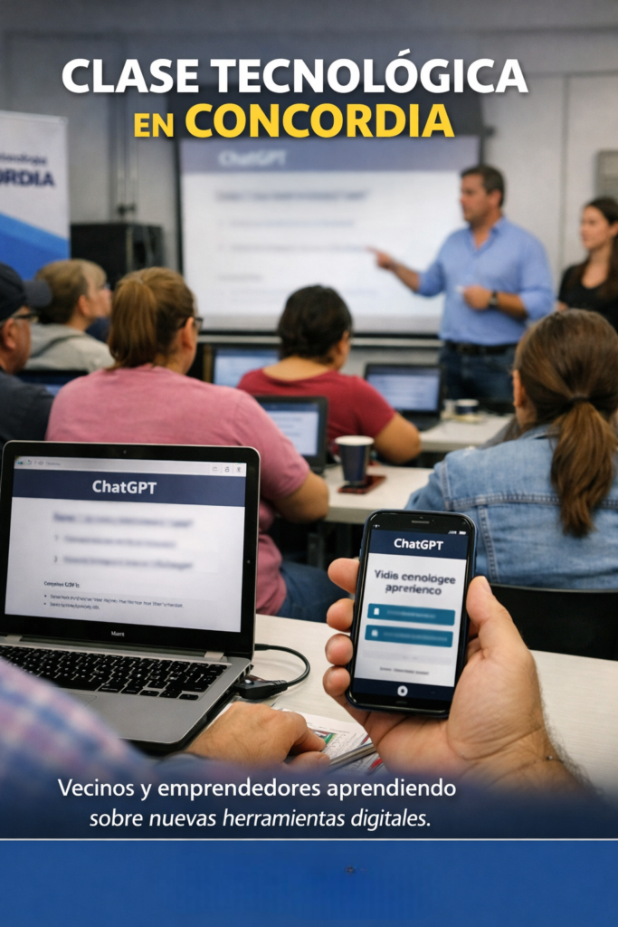 alt="Emprendedores y vecinos utilizando laptops durante un taller de IA generativa en Concordia"