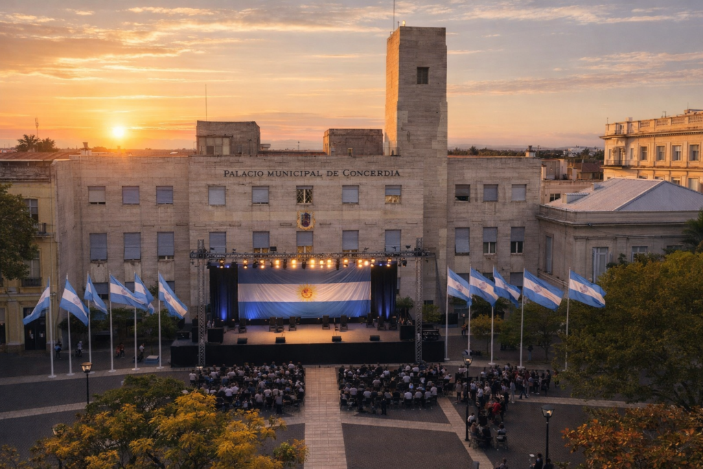 alt="Fachada de la Municipalidad de Concordia donde se montará el escenario para el homenaje a Marcos Senesi"