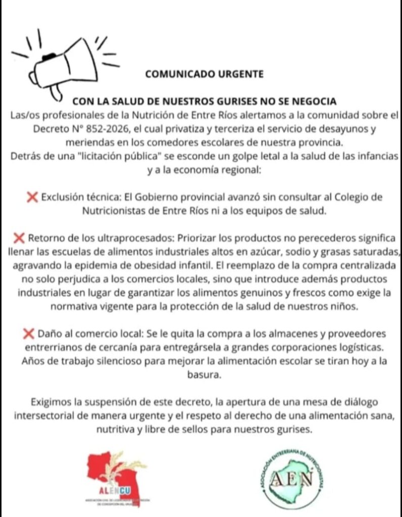 alt="Comunicado de nutricionistas contra la reforma de los comedores escolares de Entre Ríos"