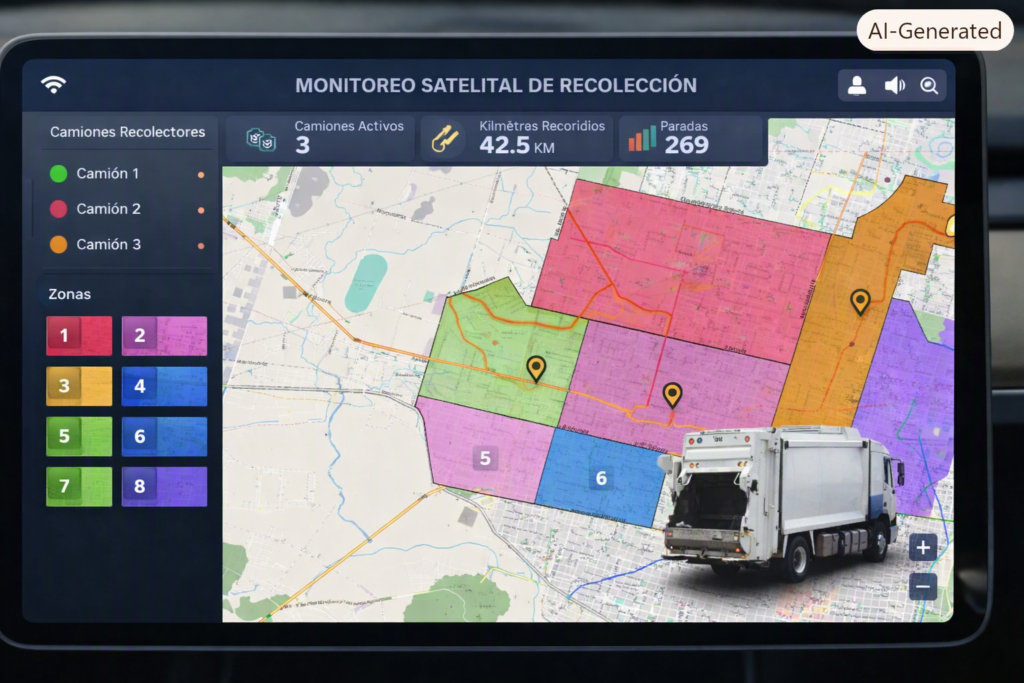 alt="Tablero de monitoreo satelital de recorridos de recolección de residuos en Concordia, con camión genérico y trazas GPS"