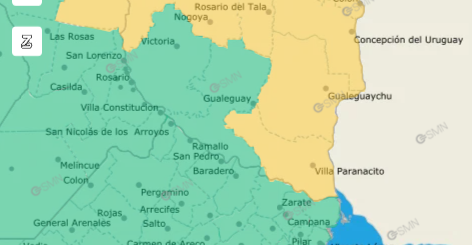 alt="mapa de la provincia de Entre Ríos con el área afectada por la alerta amarilla coloreada de amarillo"