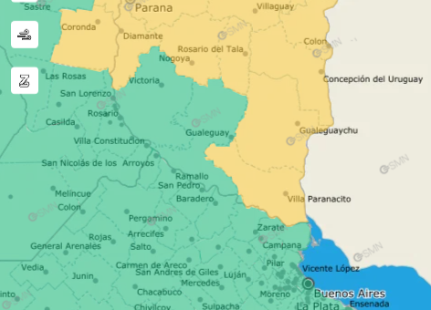 alt="mapa de la provincia de Entre Ríos con el área afectada por la alerta amarilla coloreada de amarillo"