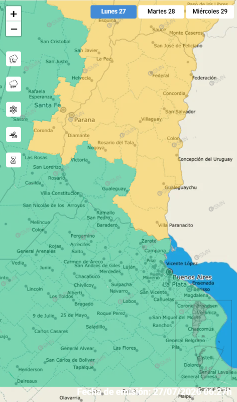 alt="mapa de la provincia de Entre Ríos con el área afectada por la alerta amarilla coloreada de amarillo"