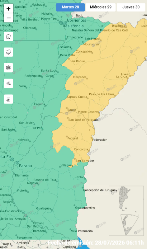 alt="mapa de Entre Ríos con sector coloreado de amarillo señalando la región afectada por la alerta amarilla por tormentas intensas"