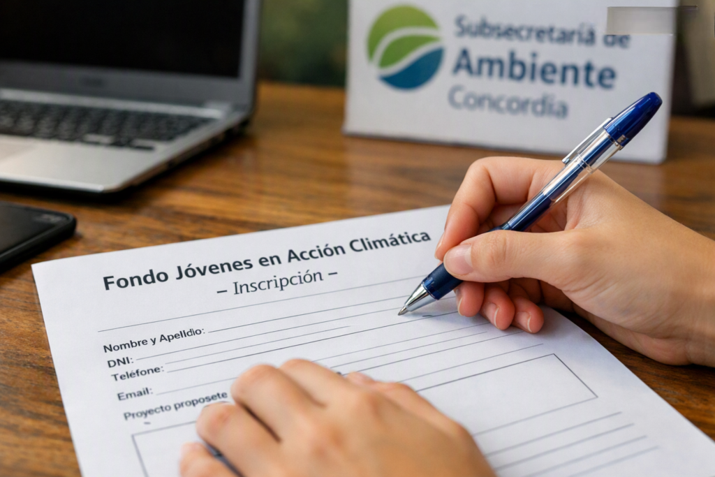 alt="Primer plano de planilla de inscripción al programa que ofrece financiamiento para proyectos ambientales de jóvenes en Concordia"