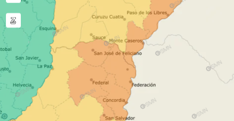 alt="Captura de pantalla del mapa interactivo del SMN que ilustra la alerta naranja por tormentas en Concordia y departamentos aledaños"