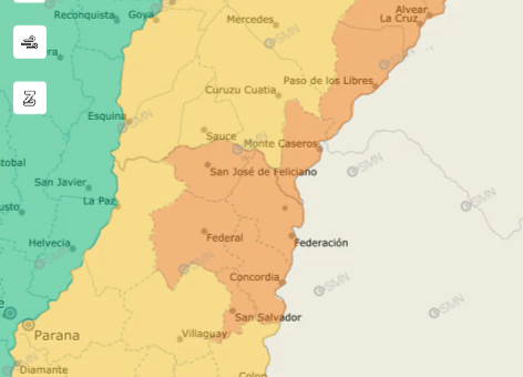 alt="Captura de pantalla del mapa interactivo del SMN que ilustra la alerta naranja por tormentas en Concordia y departamentos aledaños"