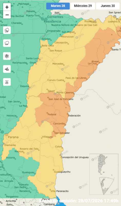 alt="Captura de pantalla del mapa interactivo del SMN que ilustra la alerta naranja por tormentas en Concordia y departamentos aledaños"
