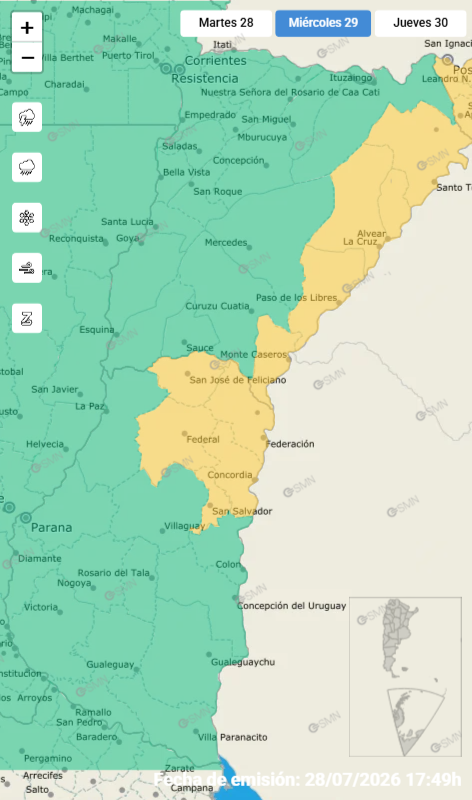 alt="Captura de pantalla del mapa interactivo del SMN que ilustra la alerta amarilla  por tormentas en Concordia y departamentos aledaños"