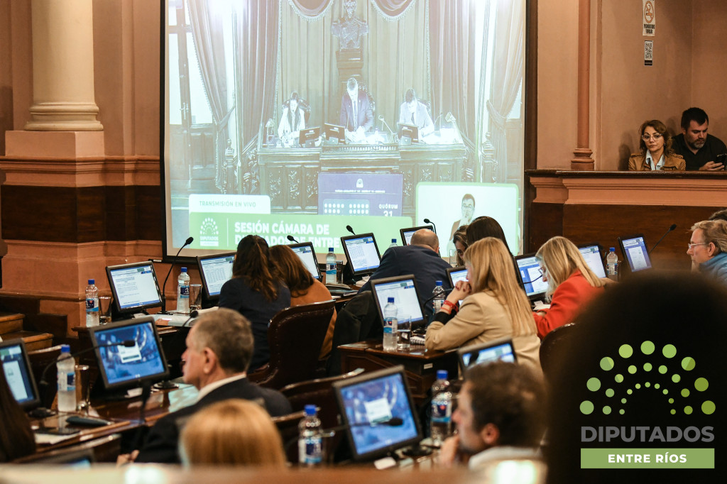 alt="Pantalla con la sesión legislativa sobre la reforma previsional en Entre Ríos"
