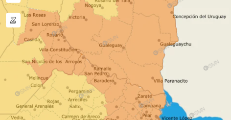 alt="Mapa de Entre Ríos con colores de alerta meteorológico"