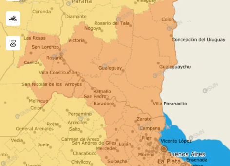alt="Mapa de Entre Ríos con colores de alerta meteorológico"