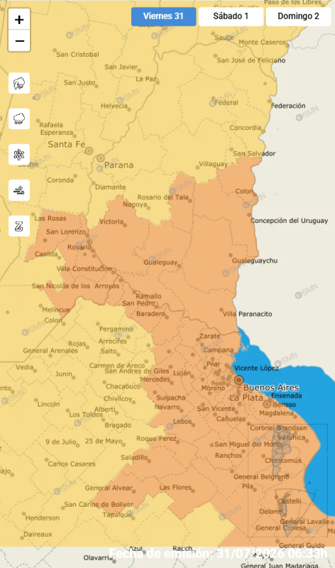 alt="Mapa de Entre Ríos con colores de alerta meteorológico"