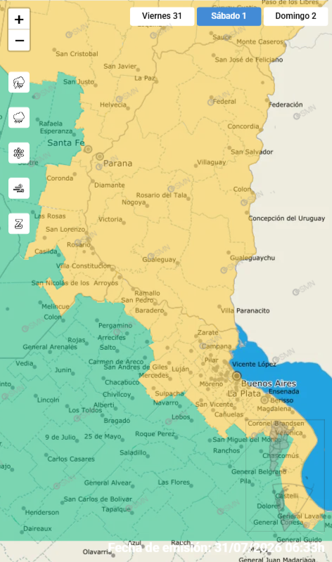alt="Mapa de Entre Ríos con colores de alerta meteorológico amarillo"