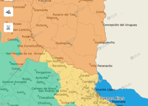 alt="mapa del servicio meteorológico nacional con la provincia de Entre Ríos totalmente coloreada de naranja"