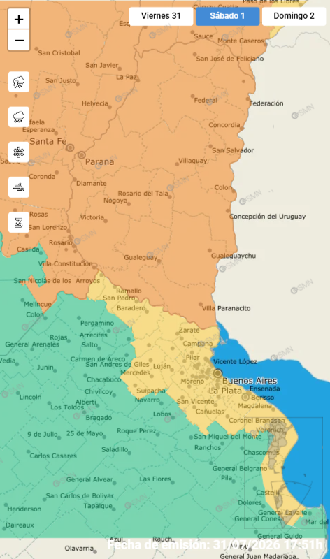 alt="mapa del servicio meteorológico nacional con la provincia de Entre Ríos totalmente coloreada de naranja"