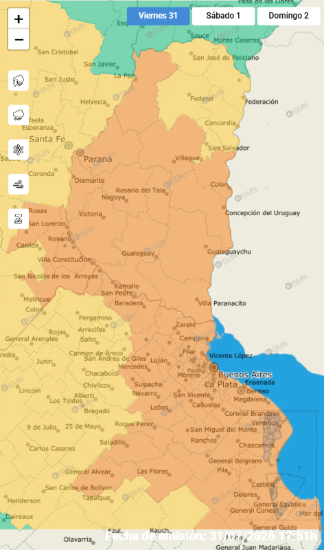 alt="mapa del servicio meteorológico nacional donde se observan cinco departamentos coloreados de amarillo por el nivel de alerta de esta noche de viernes y el resto de la provincia de naranja por el alerta por fuertes tormentas"