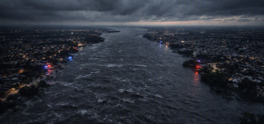 alt="Panorámica de Concordia y Salto bajo tormenta"