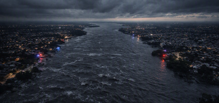 alt="Panorámica de Concordia y Salto bajo tormenta"