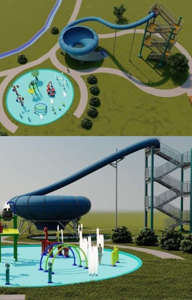 alt="Render del juego denominado Torbellino, que se espera instalar en el Parque Acuático de Federación tras la reunión entre Rogelio Frigerio y Ricardo Bravo"