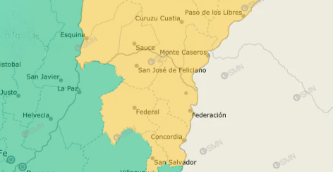 alt="Mapa de alerta Amarillo por tormentas en Entre Ríos para el miércoles 5 de agosto de 2026, emitido por el SMN"