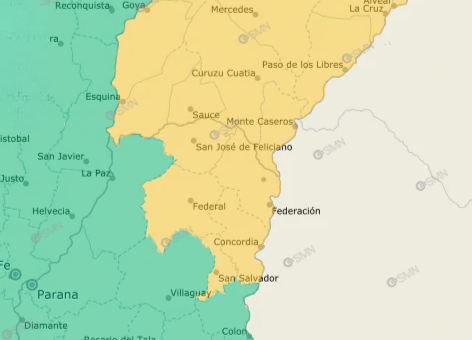 alt="Mapa de alerta Amarillo por tormentas en Entre Ríos para el miércoles 5 de agosto de 2026, emitido por el SMN"
