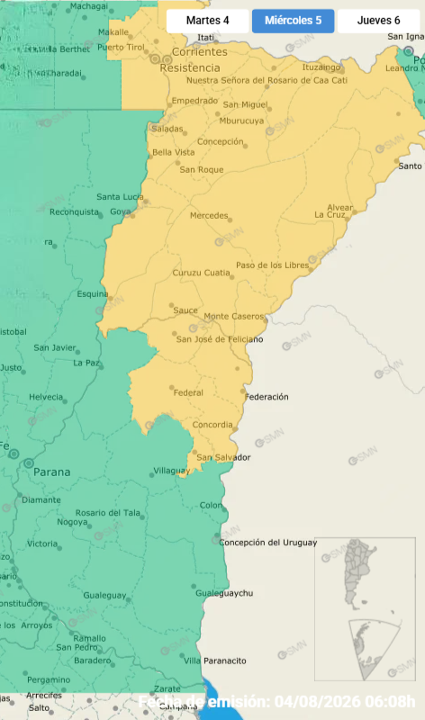 alt="Mapa de alerta Amarillo por tormentas en Entre Ríos para el miércoles 5 de agosto de 2026, emitido por el SMN"