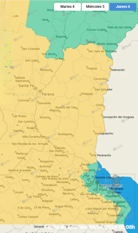 alt="Mapa de alerta Amarillo por tormentas en Entre Ríos para el jueves 6de agosto de 2026, emitido por el SMN"