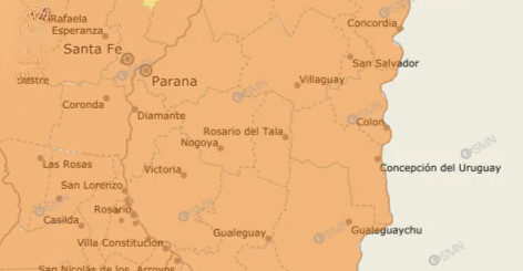 alt="mapa del Servicio Meteorológico Nacional con la provincia de Entre Ríos en color naranja por la alerta naranja para este jueves"