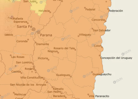 alt="mapa del Servicio Meteorológico Nacional con la provincia de Entre Ríos en color naranja por la alerta naranja para este jueves"