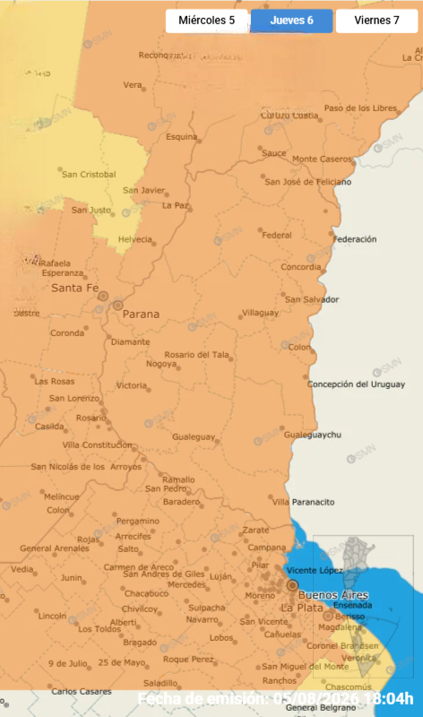 alt="mapa del Servicio Meteorológico Nacional con la provincia de Entre Ríos en color naranja por la alerta naranja para este jueves"