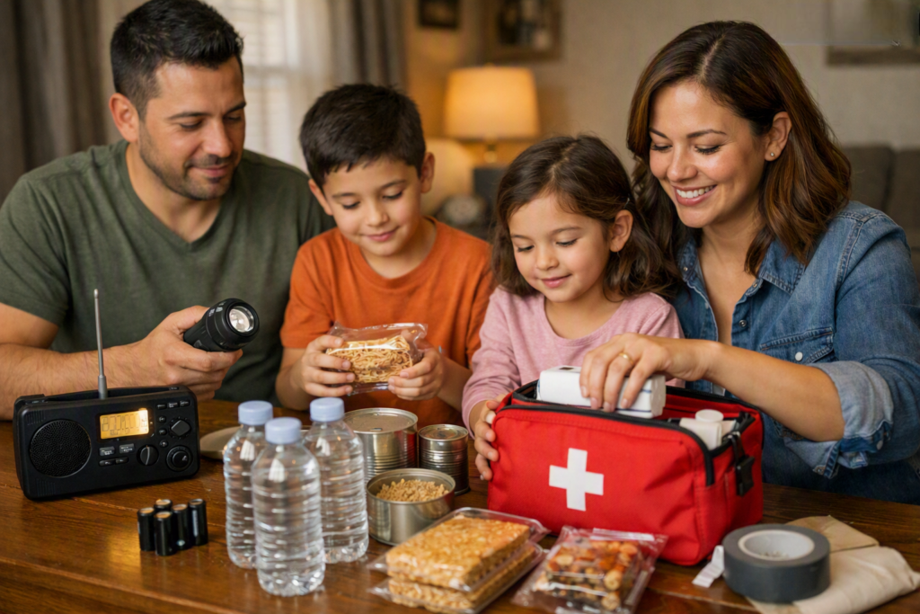 alt="Familia armando un kit de emergencia para tormenta. Medidas de precaución ante alerta naranja Entre Ríos"