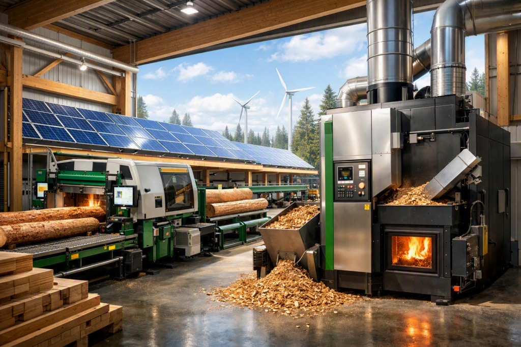 alt="Moderno aserradero con paneles solares y caldera de biomasa, representando la reconversión tecnológica y energética que serían un alivio para las tarifas eléctricas para la forestoindustria de Entre Ríos"