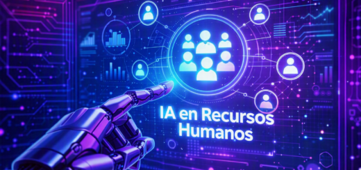 alt="Pantalla futurista de RRHH con mano robótica mostrando la integración de inteligencia artificial, el tema del curso de Concordia sobre como integrar IA en la gestión de personal"