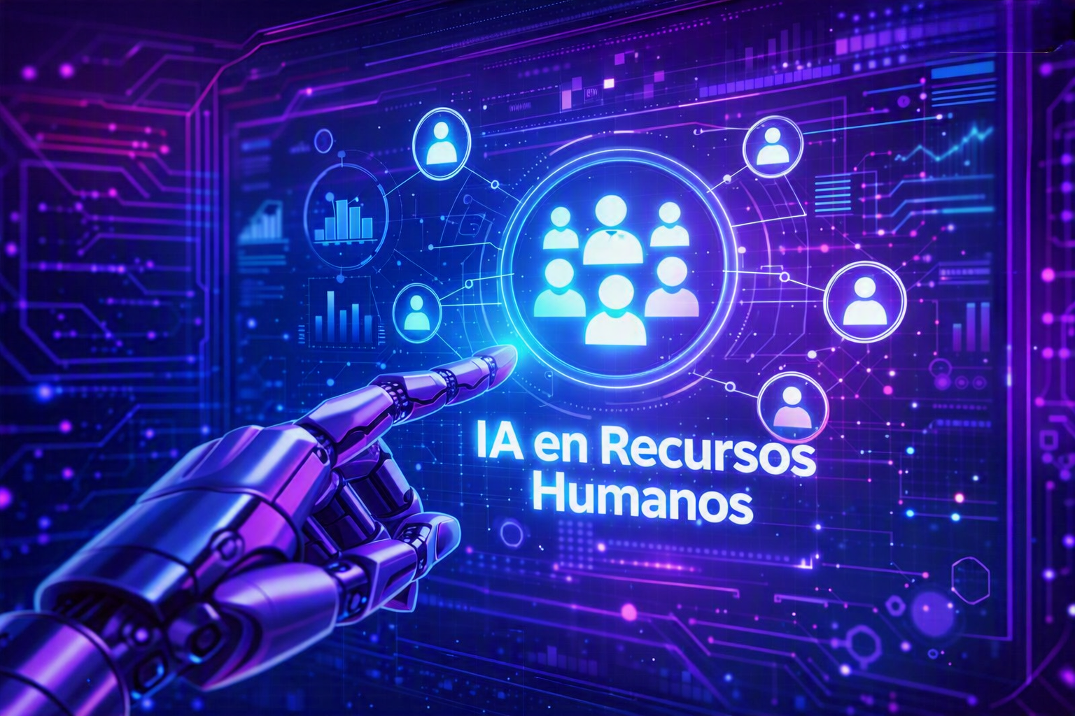 alt="Pantalla futurista de RRHH con mano robótica mostrando la integración de inteligencia artificial, el tema del curso de Concordia sobre como integrar IA en la gestión de personal"